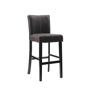 Raise the bar on style with this simply striking upholstered bar stool in black with charcoal gray upholstery. Thickly padded seat covered in an easy-care microfiber caters to your comfort level.Made of wood and engineered wood | Gray finish | Charcoal suede microfiber polyester upholstery | Foam cushioned seat | Protective glides under legs | Assembly required