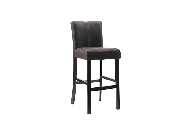 Raise the bar on style with this simply striking upholstered bar stool in black with charcoal gray upholstery. Thickly padded seat covered in an easy-care microfiber caters to your comfort level.Made of wood and engineered wood | Gray finish | Charcoal suede microfiber polyester upholstery | Foam cushioned seat | Protective glides under legs | Assembly required