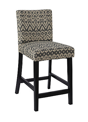 Raise the bar on style with this simply striking upholstered bar stool in black with an on-trend ikat patterned upholstery. Thickly padded seat covered in an easy-care microfiber caters to your comfort level.Made of wood and engineered wood | Black finish | Rayon and polyester upholstery | Foam cushioned seat | Protective glides under legs | Assembly required