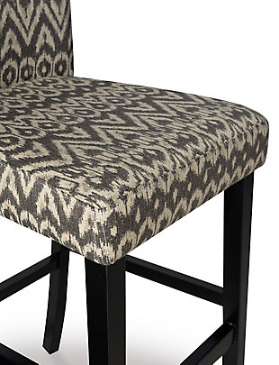 Raise the bar on style with this simply striking upholstered bar stool in black with an on-trend ikat patterned upholstery. Thickly padded seat covered in an easy-care microfiber caters to your comfort level.Made of wood and engineered wood | Black finish | Rayon and polyester upholstery | Foam cushioned seat | Protective glides under legs | Assembly required