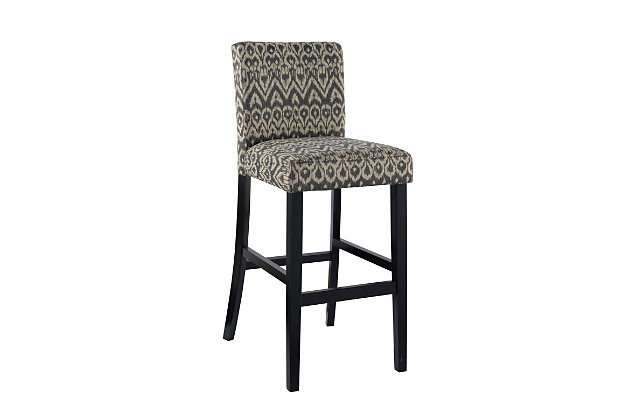 Raise the bar on style with this simply stri upholstered bar stool in black with charcoal gray upholstery. Thickly padded seat covered in an easy-care microfiber caters to your comfort level.Made of wood and engineered wood | Gray finish | Charcoal suede microfiber polyester upholstery | Foam cushioned seat | Protective glides under legs | Assembly required