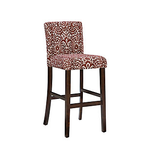 Raise the bar on style with this simply striking upholstered bar stool in black with an on-trend ikat patterned upholstery. Thickly padded seat covered in an easy-care microfiber caters to your comfort level.Made of wood and engineered wood | Brown finish | Cotton and polyester upholstery | Foam cushioned seat | Protective glides under legs | Assembly required