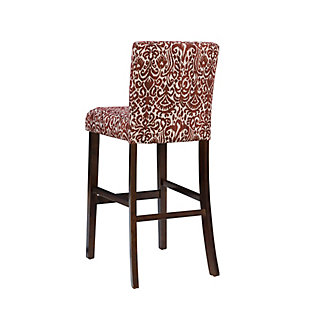 Raise the bar on style with this simply striking upholstered bar stool in black with an on-trend ikat patterned upholstery. Thickly padded seat covered in an easy-care microfiber caters to your comfort level.Made of wood and engineered wood | Brown finish | Cotton and polyester upholstery | Foam cushioned seat | Protective glides under legs | Assembly required