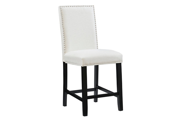 Raise the bar on style with this upscale upholstered bar stool. Black wood frame is a striking contrast to the richly woven white upholstery punctuated with silvertone nailhead trim. Thickly padded seat caters to your comfort level.Made of wood | Black finish | White polyester upholstery | Silvertone nailhead trim | Foam cushioned seat | Protective glides under legs | Assembly required