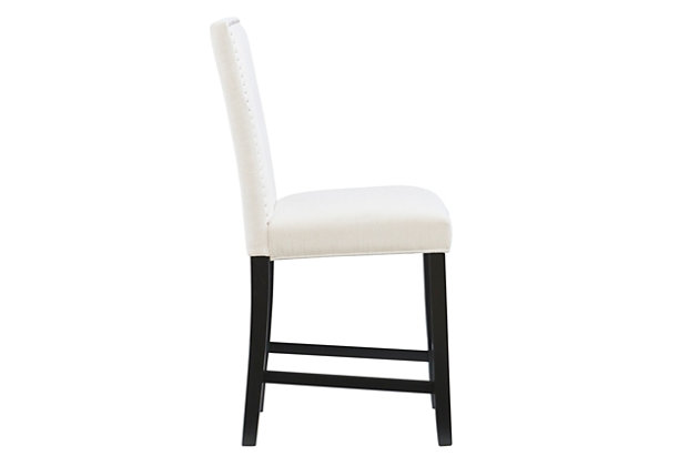 Raise the bar on style with this upscale upholstered bar stool. Black wood frame is a striking contrast to the richly woven white upholstery punctuated with silvertone nailhead trim. Thickly padded seat caters to your comfort level.Made of wood | Black finish | White polyester upholstery | Silvertone nailhead trim | Foam cushioned seat | Protective glides under legs | Assembly required