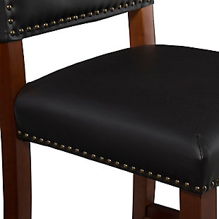 Raise the bar on style with this upscale upholstered bar stool. Brown wood frame is a striking contrast to the black faux leather upholstery that's a smart choice for low-maintenance living. Thickly padded seat caters to your comfort level.Made of wood | Brown finish | Black vinyl upholstery | Foam cushioned seat | Protective glides under legs | Assembly required