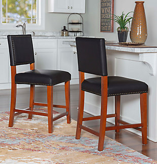 Raise the bar on style with this upscale upholstered bar stool. Brown wood frame is a striking contrast to the black faux leather upholstery that's a smart choice for low-maintenance living. Thickly padded seat caters to your comfort level.Made of wood | Brown finish | Black vinyl upholstery | Foam cushioned seat | Protective glides under legs | Assembly required