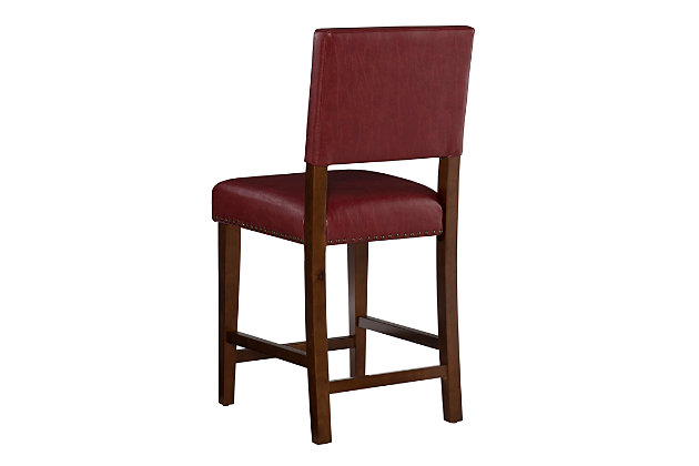 Raise the bar on style with this upscale upholstered bar stool. Brown wood frame is a striking contrast to the red faux leather upholstery that's a smart choice for low-maintenance living. Thickly padded seat caters to your comfort level.Made of wood | Brown finish | Red vinyl upholstery | Foam cushioned seat | Protective glides under legs | Assembly required