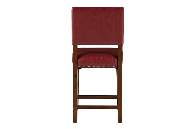 Raise the bar on style with this upscale upholstered bar stool. Brown wood frame is a striking contrast to the red faux leather upholstery that's a smart choice for low-maintenance living. Thickly padded seat caters to your comfort level.Made of wood | Brown finish | Red vinyl upholstery | Foam cushioned seat | Protective glides under legs | Assembly required