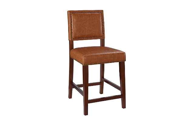 Raise the bar on style with this upscale upholstered bar stool. Brown wood frame is a pleasing complement to the caramel brown faux leather upholstery that's a smart choice for low-maintenance living. Thickly padded seat caters to your comfort level.Made of wood | Brown finish | Brown/caramel vinyl/polyester upholstery | Foam cushioned seat | Protective glides under legs | Assembly required