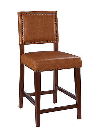 Raise the bar on style with this upscale upholstered bar stool. Brown wood frame is a stri contrast to the black faux leather upholstery that's a smart choice for low-maintenance living. Thickly padded seat caters to your comfort level.Made of wood | Brown finish | Black vinyl upholstery | Foam cushioned seat | Protective glides under legs | Assembly required