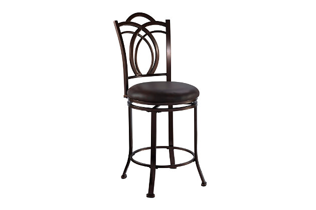 With its scrolled metalwork and fanciful flair, this bar stool with swivel serves up style with a more traditional twist. Complete with a thickly padded seat covered in easy-care vinyl, this swivel bar stool will surely elevate the form and function of a kitchen island area, breakfast bar or entertainment space.Made of metal | Brown finish | Coffee brown vinyl upholstery | Foam cushioned seat | Swivel seat | Protective glides under legs | Assembly required