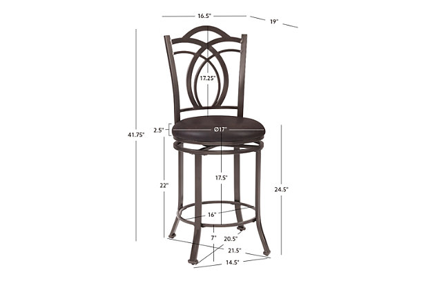 With its scrolled metalwork and fanciful flair, this bar stool with swivel serves up style with a more traditional twist. Complete with a thickly padded seat covered in easy-care vinyl, this swivel bar stool will surely elevate the form and function of a kitchen island area, breakfast bar or entertainment space.Made of metal | Brown finish | Coffee brown vinyl upholstery | Foam cushioned seat | Swivel seat | Protective glides under legs | Assembly required