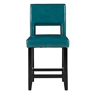 Raise the bar on style with this simply striking upholstered bar stool in espresso with blue upholstery. Thickly padded seat and back covered in easy-clean vinyl caters to your comfort level.Made of wood | Black finish | Aegean blue faux leather seat and back upholstery with foam padding | Cut-out back for easy sliding | Footrest | Protective glides under legs | Assembly required