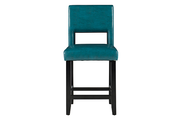 Raise the bar on style with this simply striking upholstered bar stool in espresso with blue upholstery. Thickly padded seat and back covered in easy-clean vinyl caters to your comfort level.Made of wood | Black finish | Aegean blue faux leather seat and back upholstery with foam padding | Cut-out back for easy sliding | Footrest | Protective glides under legs | Assembly required