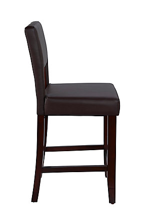 Raise the bar on style with this simply striking upholstered bar stool in espresso with dark brown upholstery. Thickly padded seat and back covered in easy-clean vinyl caters to your comfort level.Made of wood | Espresso finish | Dark brown faux leather seat and back upholstery with foam padding | Cut-out back for easy sliding | Footrest | Protective glides under legs | Assembly required