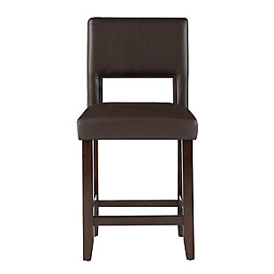 Raise the bar on style with this simply striking upholstered bar stool in espresso with dark brown upholstery. Thickly padded seat and back covered in easy-clean vinyl caters to your comfort level.Made of wood | Espresso finish | Dark brown faux leather seat and back upholstery with foam padding | Cut-out back for easy sliding | Footrest | Protective glides under legs | Assembly required