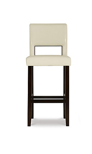 Raise the bar on style with this simply striking upholstered bar stool in espresso with white upholstery. Thickly padded seat and back covered in easy-clean vinyl caters to your comfort level.Made of wood | Espresso finish | Faux leather seat and back upholstery with foam padding | Cut-out back for easy sliding | Footrest | Protective glides under legs | Assembly required