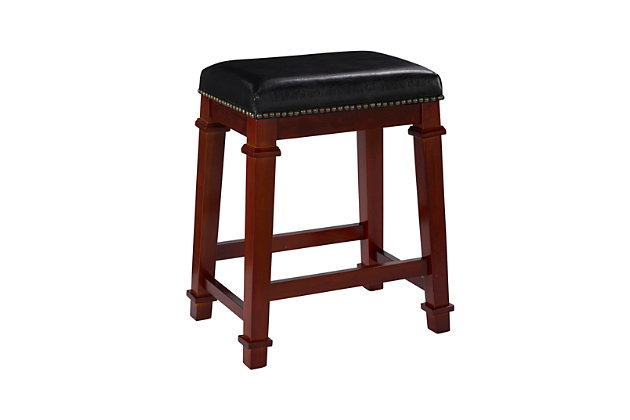 Raise the bar on style with this simply stri upholstered bar stool in dark cherry finish with black upholstery. Thickly padded seat covered in easy-clean vinyl caters to your comfort level.Made of wood | Dark cherry finish | Faux leather upholstery with foam padding | Contoured saddle seat | Nailhead trim | Footrest | Protective glides under legs | Assembly required