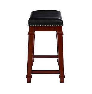 Raise the bar on style with this simply stri upholstered bar stool in dark cherry finish with black upholstery. Thickly padded seat covered in easy-clean vinyl caters to your comfort level.Made of wood | Dark cherry finish | Faux leather upholstery with foam padding | Contoured saddle seat | Nailhead trim | Footrest | Protective glides under legs | Assembly required
