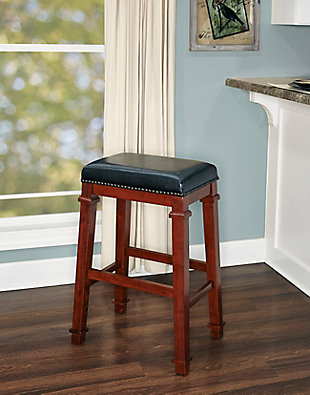 Raise the bar on style with this simply striking upholstered bar stool in dark cherry finish with black upholstery. Thickly padded seat covered in easy-clean vinyl caters to your comfort level.Made of wood | Dark cherry finish | Faux leather upholstery with foam padding | Nailhead trim | Footrest | Protective glides under legs | Assembly required