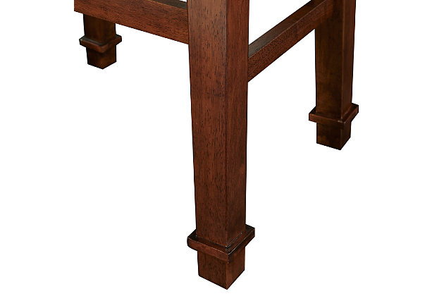 Raise the bar on style with this simply striking upholstered bar stool in dark cherry finish with black upholstery. Thickly padded seat covered in easy-clean vinyl caters to your comfort level.Made of wood | Dark cherry finish | Faux leather upholstery with foam padding | Nailhead trim | Footrest | Protective glides under legs | Assembly required