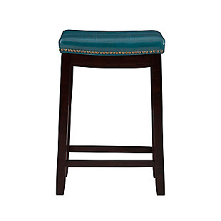 Raise the bar on style with this simply striking upholstered bar stool in espresso with blue upholstery. Thickly padded seat covered in easy-clean vinyl caters to your comfort level.Made of wood | Dark brown finish | Faux leather upholstery with foam padding | Contoured saddle seat | Nailhead trim | Footrest | Protective glides under legs | Assembly required