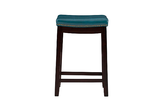 Raise the bar on style with this simply striking upholstered bar stool in espresso with blue upholstery. Thickly padded seat covered in easy-clean vinyl caters to your comfort level.Made of wood | Dark brown finish | Faux leather upholstery with foam padding | Contoured saddle seat | Nailhead trim | Footrest | Protective glides under legs | Assembly required
