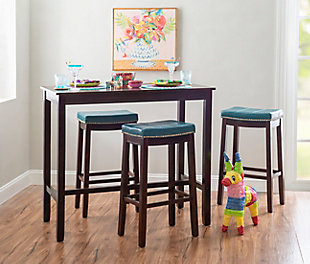 Raise the bar on style with this simply striking upholstered bar stool in dark brown with blue upholstery. Thickly padded seat covered in easy-clean vinyl caters to your comfort level.Made of wood | Dark brown finish | Faux leather upholstery with foam padding | Contoured saddle seat | Nailhead trim | Footrest | Protective glides under legs | Assembly required