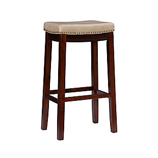 Raise the bar on style with this simply striking upholstered bar stool in dark brown with neutral upholstery. Thickly padded seat covered in easy-clean vinyl caters to your comfort level.Made of wood | Dark brown finish | Faux leather upholstery with foam padding | Contoured saddle seat | Nailhead trim | Footrest | Protective glides under legs | Assembly required