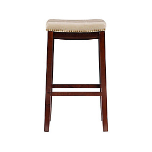 Raise the bar on style with this simply striking upholstered bar stool in dark brown with neutral upholstery. Thickly padded seat covered in easy-clean vinyl caters to your comfort level.Made of wood | Dark brown finish | Faux leather upholstery with foam padding | Contoured saddle seat | Nailhead trim | Footrest | Protective glides under legs | Assembly required
