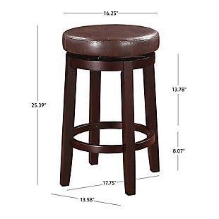 Raise the bar on style with this simply striking upholstered bar stool in dark brown with brown upholstery. Thickly padded seat covered in easy-clean vinyl caters to your comfort level.Made of wood | Dark brown finish | Faux leather upholstery with foam padding | Nailhead trim | Protective glides under legs | Assembly required