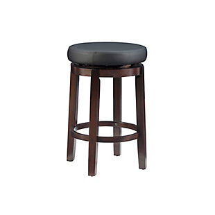 Raise the bar on style with this simply striking upholstered bar stool in dark brown with black upholstery. Thickly padded seat covered in easy-clean vinyl caters to your comfort level.Made of wood | Dark brown finish | Faux leather upholstery with foam padding | Nailhead trim | Protective glides under legs | Assembly required