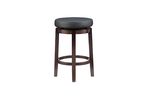 Raise the bar on style with this simply striking upholstered bar stool in dark brown with black upholstery. Thickly padded seat covered in easy-clean vinyl caters to your comfort level.Made of wood | Dark brown finish | Faux leather upholstery with foam padding | Nailhead trim | Protective glides under legs | Assembly required