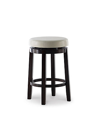 Raise the bar on style with this simply striking upholstered bar stool in dark brown with cream upholstery. Thickly padded seat covered in easy-clean vinyl caters to your comfort level.Made of wood | Dark brown finish | Faux leather upholstery with foam padding | Nailhead trim | Protective glides under legs | Assembly required
