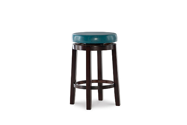 Raise the bar on style with this simply striking upholstered bar stool in dark brown with teal upholstery. Thickly padded seat covered in easy-clean vinyl caters to your comfort level.Made of wood | Dark brown finish | Faux leather upholstery with foam padding | Nailhead trim | Protective glides under legs | Assembly required