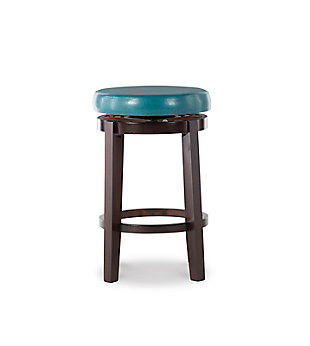 Raise the bar on style with this simply striking upholstered bar stool in dark brown with teal upholstery. Thickly padded seat covered in easy-clean vinyl caters to your comfort level.Made of wood | Dark brown finish | Faux leather upholstery with foam padding | Nailhead trim | Protective glides under legs | Assembly required