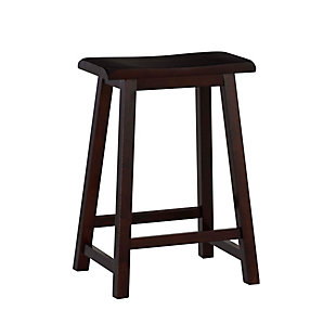 Sleekly styled with a dark brown finish and a contoured saddle seat, this bar stool is quite the head turner. And with a simple backless design, it slides neatly under the table when not in use.Made of wood | Dark brown finish | Contoured saddle seat | Protective glides under legs | Assembly required