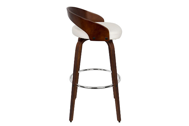 Take a spin on the cutting edge of cool with this barstool with swivel. The curved, cutout design of the low backrest is striking and sculptural. Rich cherry finish is a striking contrast to the cushioned seat’s crisp white upholstery in a fabulous faux leather. A chrome-tone footrest provides that added pop to perfect this work of art.Set of 2 | Made of wood with cherry finish | Cushioned seat with white faux leather upholstery | Metal footrest for added support | 360-degree swivel | Assembly required
