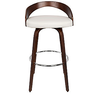 Take a spin on the cutting edge of cool with this barstool with swivel. The curved, cutout design of the low backrest is striking and sculptural. Rich cherry finish is a striking contrast to the cushioned seat’s crisp white upholstery in a fabulous faux leather. A chrome-tone footrest provides that added pop to perfect this work of art.Set of 2 | Made of wood with cherry finish | Cushioned seat with white faux leather upholstery | Metal footrest for added support | 360-degree swivel | Assembly required