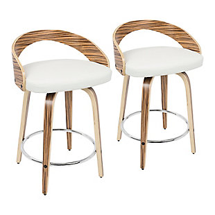 Take a spin on the cutting edge of cool with this barstool with swivel. The curved, cutout design of the low backrest is striking and sculptural. Zebra wood base is a striking contrast to the cushioned seat’s crisp white upholstery in a fabulous faux leather. A chrome-tone footrest provides that added pop to perfect this work of art.Set of 2 | Made of wood | Cushioned seat with white faux leather upholstery | Metal footrest for added support | 360-degree swivel | Assembly required