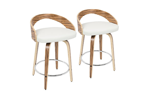 Take a spin on the cutting edge of cool with this barstool with swivel. The curved, cutout design of the low backrest is striking and sculptural. Zebra wood base is a striking contrast to the cushioned seat’s crisp white upholstery in a fabulous faux leather. A chrome-tone footrest provides that added pop to perfect this work of art.Set of 2 | Made of wood | Cushioned seat with white faux leather upholstery | Metal footrest for added support | 360-degree swivel | Assembly required