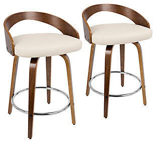 Take a spin on the cutting edge of cool with this barstool with swivel. The curved, cutout design of the low backrest is striking and sculptural. Walnut-tone wood base is a striking contrast to the cushioned seat’s white upholstery in a fabulous faux leather. A chrome-tone footrest provides that added pop to perfect this work of art.Set of 2 | Made of wood with walnut finish | Cushioned seat with white faux leather upholstery | Metal footrest for added support | 360-degree swivel | Assembly required