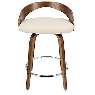Take a spin on the cutting edge of cool with this barstool with swivel. The curved, cutout design of the low backrest is striking and sculptural. Walnut-tone wood base is a striking contrast to the cushioned seat’s white upholstery in a fabulous faux leather. A chrome-tone footrest provides that added pop to perfect this work of art.Set of 2 | Made of wood with walnut finish | Cushioned seat with white faux leather upholstery | Metal footrest for added support | 360-degree swivel | Assembly required