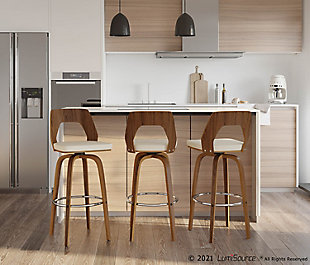 Equal parts form and function, this barstool is as much of a place to sit as it is a work of art. Blending walnut and natural wood tone finishes, the “bent” base has a highly modern, sculptural feel, as does the cutout style backrest. Covered in a cream faux leather, the thickly cushioned seat makes comfort a beautiful thing.Set of 2 | Made of wood with walnut finish | Cushioned seat with cream faux leather upholstery | Footrest in contrasting chrome-tone metal for added support | Assembly required