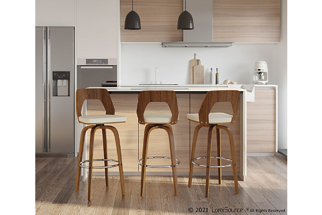 Equal parts form and function, this barstool is as much of a place to sit as it is a work of art. Blending walnut and natural wood tone finishes, the “bent” base has a highly modern, sculptural feel, as does the cutout style backrest. Covered in a cream faux leather, the thickly cushioned seat makes comfort a beautiful thing.Set of 2 | Made of wood with walnut finish | Cushioned seat with cream faux leather upholstery | Footrest in contrasting chrome-tone metal for added support | Assembly required