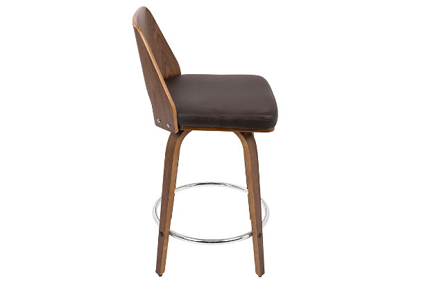 Equal parts form and function, this barstool is as much of a place to sit as it is a work of art. Blending walnut and natural wood tone finishes, the “bent” base has a highly modern, sculptural feel, as does the cutout style backrest. Covered in a chocolate faux leather, the thickly cushioned seat makes comfort a beautiful thing.Set of 2 | Made of wood with walnut finish | Cushioned seat with black faux leather upholstery | Footrest in contrasting chrome-tone metal for added support | Assembly required