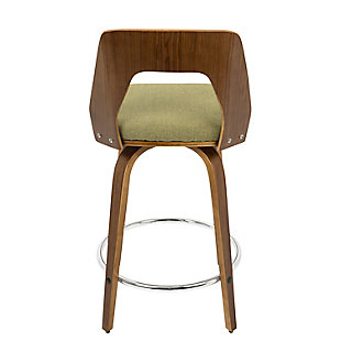 Equal parts form and function, this barstool is as much of a place to sit as it is a work of art. Blending walnut and natural wood tone finishes, the “bent” base has a highly modern, sculptural feel, as does the cutout style backrest. Covered in a retro green fabric, the thickly cushioned seat makes comfort a beautiful thing.Set of 2 | Made of wood with walnut finish | Cushioned seat with green fabric upholstery | Footrest in contrasting chrome-tone metal for added support | Assembly required