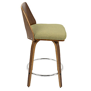 Equal parts form and function, this barstool is as much of a place to sit as it is a work of art. Blending walnut and natural wood tone finishes, the “bent” base has a highly modern, sculptural feel, as does the cutout style backrest. Covered in a retro green fabric, the thickly cushioned seat makes comfort a beautiful thing.Set of 2 | Made of wood with walnut finish | Cushioned seat with green fabric upholstery | Footrest in contrasting chrome-tone metal for added support | Assembly required