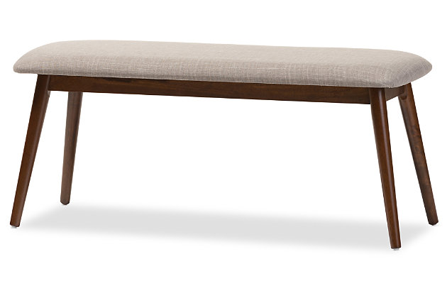 Minimalist and refined, this mid-century inspired bench is that “finishing touch” you’ve been longing for. Distinctive elements include canted legs, an earthy brown finish and a comfortably padded seat wrapped in a gorgeous gray textural fabric.Made of wood in walnut-tone finish | Gray polyester upholstery | Foam cushioned seat | Assembly required